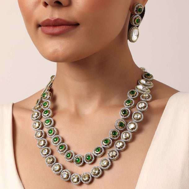 Green Two Layered Polki Necklace Set