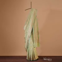Green Handloom Banarasi Saree In Uppada Silk With Floral Jaal Weave And Unstitched Blouse