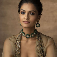 Green Victorian Polki Choker And Earring Set In Silver Alloy
