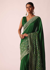 Green Woven Silk Saree With Bandhani Detail And Unstitched Blouse Piece