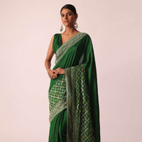 Green Woven Silk Saree With Bandhani Detail And Unstitched Blouse Piece