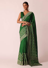 Green Woven Silk Saree With Bandhani Detail And Unstitched Blouse Piece