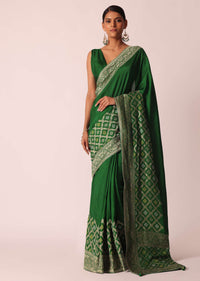 Green Woven Silk Saree With Bandhani Detail And Unstitched Blouse Piece