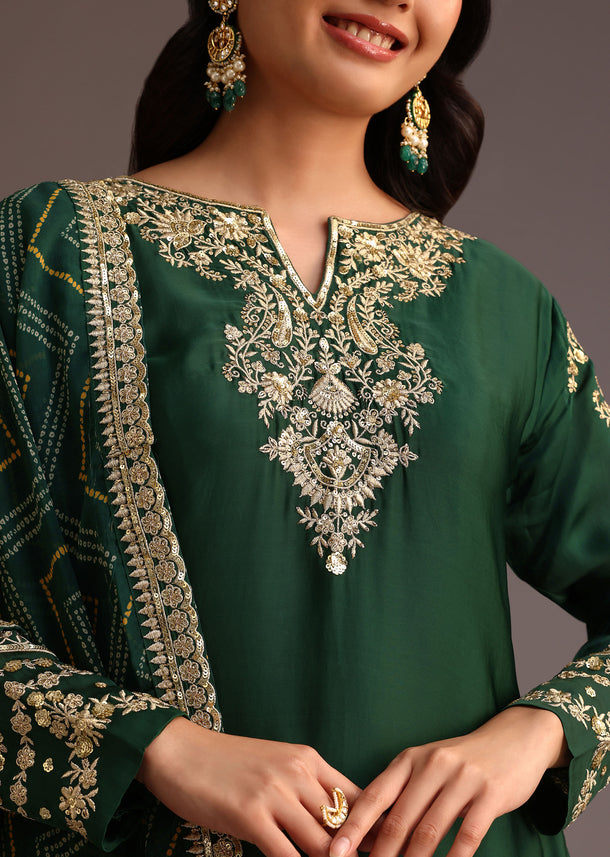 Green Zari Work Palazzo Suit With Organza Dupatta