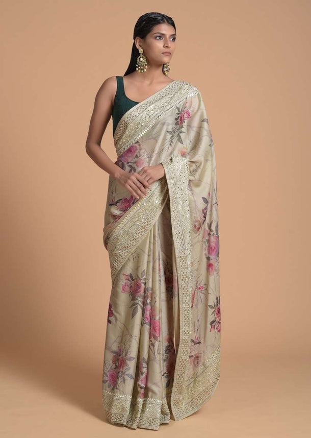 Greenish Beige Saree In Satin Crepe With Floral Print And Gotta Patti Embroidered Border Online - Kalki Fashion