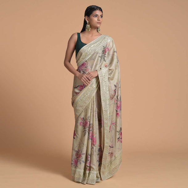 Greenish Beige Saree In Satin Crepe With Floral Print And Gotta Patti Embroidered Border Online - Kalki Fashion