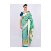 Greenish blue chanderi silk saree with brocade border only on Kalki