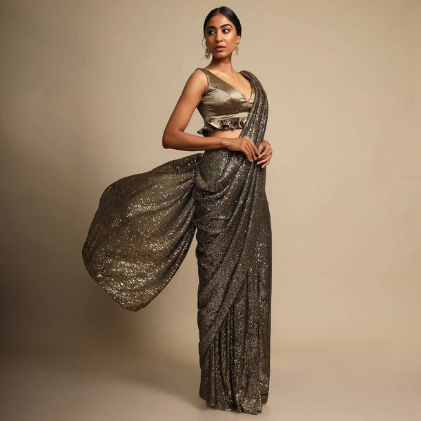 Greenish Gold Saree Embellished In Sequins With Ready Stitched Pleats