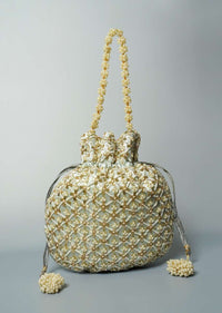 Greenish Grey Potli Bag In Satin Silk With Cut Dana And Beads Embroidered Jaal