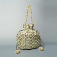 Greenish Grey Potli Bag In Satin Silk With Cut Dana And Beads Embroidered Jaal