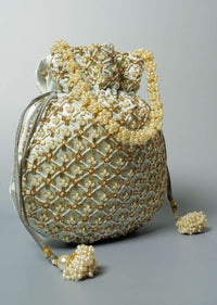 Greenish Grey Potli Bag In Satin Silk With Cut Dana And Beads Embroidered Jaal