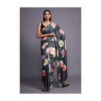 Greenish Grey Saree In Satin Blend With Floral Print And Kundan Work Online - Kalki Fashion