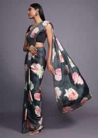 Greenish Grey Saree In Satin Blend With Floral Print And Kundan Work Online - Kalki Fashion