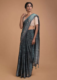 Greenish Grey Saree In Satin Blend With Self Jaal Print Online - Kalki Fashion