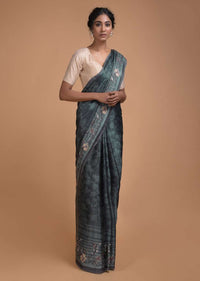 Greenish Grey Saree In Satin Blend With Self Jaal Print Online - Kalki Fashion