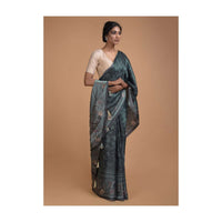 Greenish Grey Saree In Satin Blend With Self Jaal Print Online - Kalki Fashion