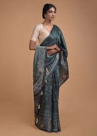 Greenish Grey Saree In Satin Blend With Self Jaal Print Online - Kalki Fashion