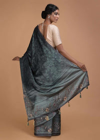 Greenish Grey Saree In Satin Blend With Self Jaal Print Online - Kalki Fashion