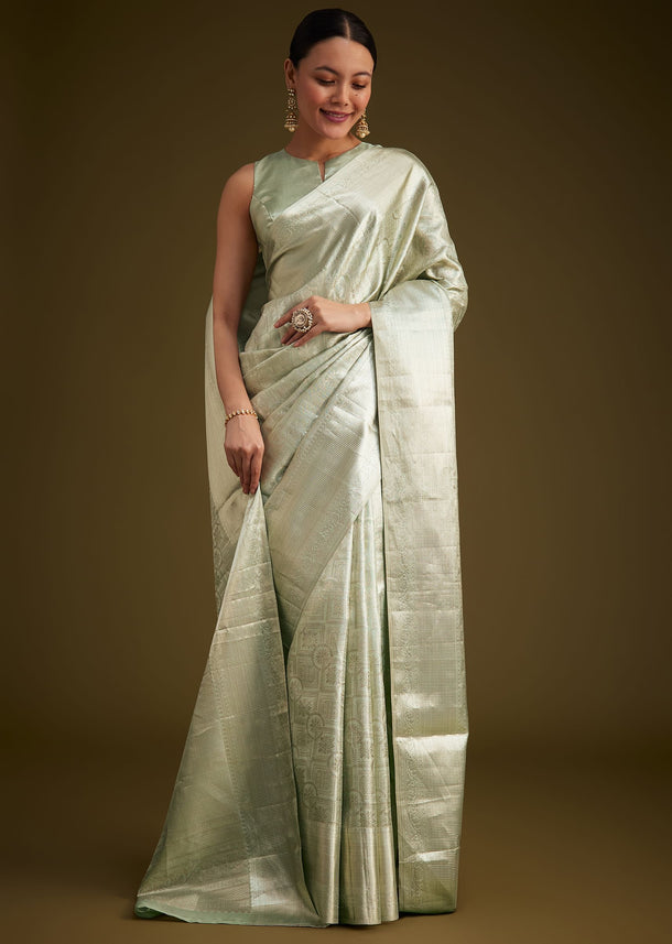 Greenish Silver Kanjivaram Silk Saree