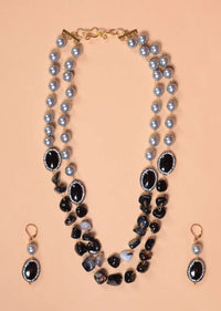 Grey And Black Beads Double Layer Necklace With Oval Stone Studded Beads With Matching Earrings Online - Kalki Fashion