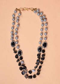 Grey And Black Beads Double Layer Necklace With Oval Stone Studded Beads With Matching Earrings Online - Kalki Fashion