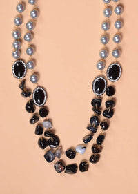 Grey And Black Beads Double Layer Necklace With Oval Stone Studded Beads With Matching Earrings Online - Kalki Fashion