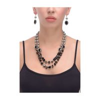 Grey And Black Beads Double Layer Necklace With Oval Stone Studded Beads With Matching Earrings Online - Kalki Fashion