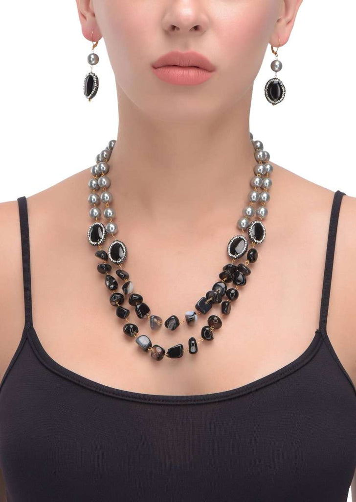 Grey And Black Beads Double Layer Necklace With Oval Stone Studded Beads With Matching Earrings Online - Kalki Fashion