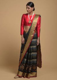 Grey And Black Striped Pure Handloom Saree In Tussar Silk With Woven Floral Border Online - Kalki Fashion