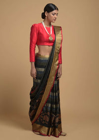 Grey And Black Striped Pure Handloom Saree In Tussar Silk With Woven Floral Border Online - Kalki Fashion