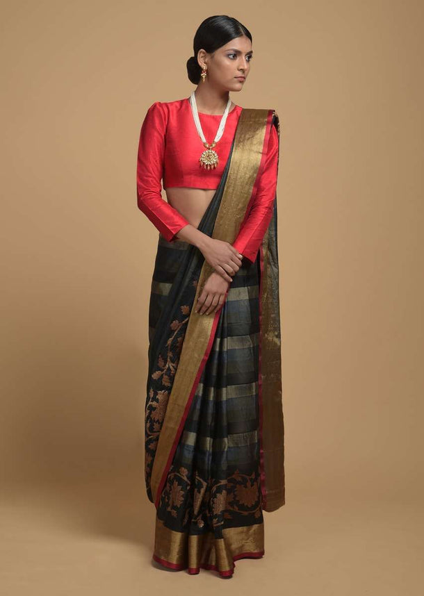 Grey And Black Striped Pure Handloom Saree In Tussar Silk With Woven Floral Border Online - Kalki Fashion