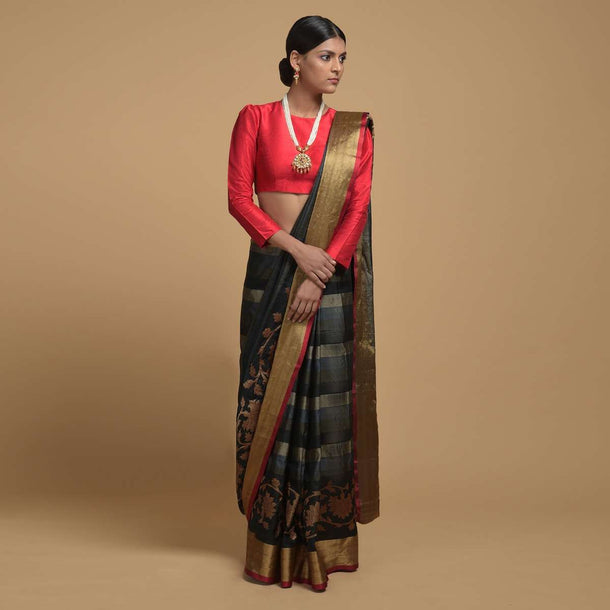 Grey And Black Striped Pure Handloom Saree In Tussar Silk With Woven Floral Border Online - Kalki Fashion