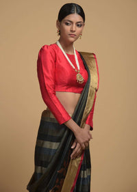 Grey And Black Striped Pure Handloom Saree In Tussar Silk With Woven Floral Border Online - Kalki Fashion