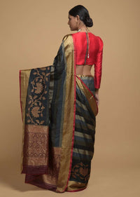 Grey And Black Striped Pure Handloom Saree In Tussar Silk With Woven Floral Border Online - Kalki Fashion