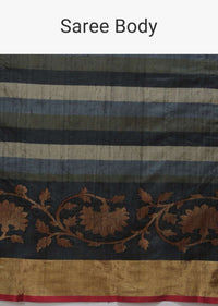 Grey And Black Striped Pure Handloom Saree In Tussar Silk With Woven Floral Border Online - Kalki Fashion