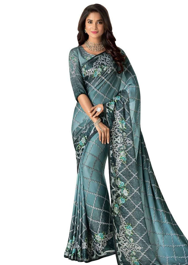 Grey and blue shaded saree in digital print along with floral motif