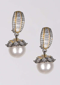 Grey And Gold Earrings With Stones, Bugle Beads And Crystals And Dangling Pearl Online - Kalki Fashion
