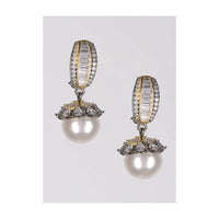 Grey And Gold Earrings With Stones, Bugle Beads And Crystals And Dangling Pearl Online - Kalki Fashion