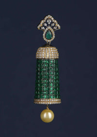 Grey And Gold Plated Earrings Studded With Green Stones And Dangling Pearl Online - Kalki Fashion