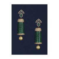 Grey And Gold Plated Earrings Studded With Green Stones And Dangling Pearl Online - Kalki Fashion