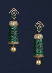 Grey And Gold Plated Earrings Studded With Green Stones And Dangling Pearl Online - Kalki Fashion