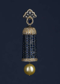 Grey And Gold Plated Earrings Studded With Navy Blue Stones And Dangling Pearl Online - Kalki Fashion