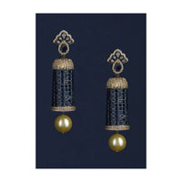 Grey And Gold Plated Earrings Studded With Navy Blue Stones And Dangling Pearl Online - Kalki Fashion