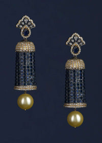 Grey And Gold Plated Earrings Studded With Navy Blue Stones And Dangling Pearl Online - Kalki Fashion