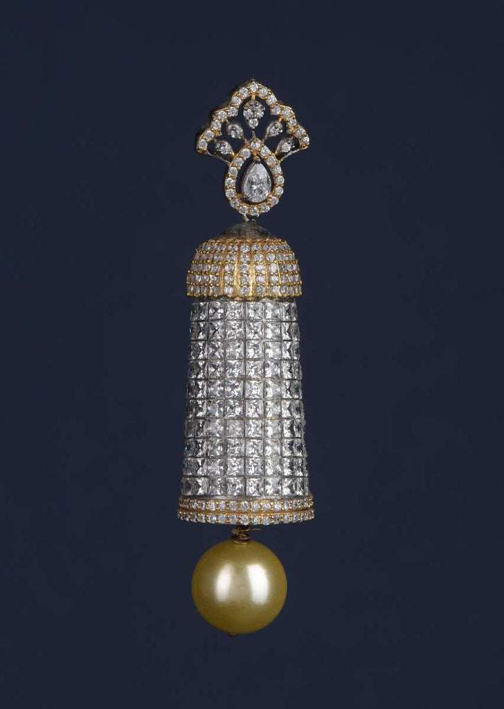 Grey And Gold Plated Earrings Studded With White Stones And Dangling Pearl Online - Kalki Fashion