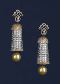 Grey And Gold Plated Earrings Studded With White Stones And Dangling Pearl Online - Kalki Fashion