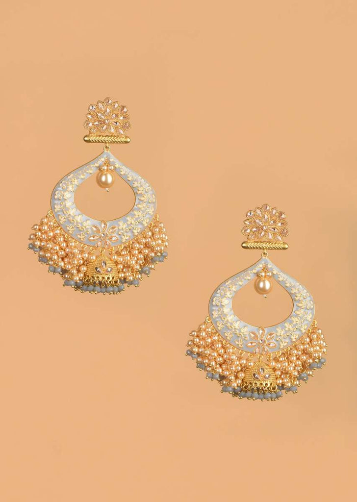 Grey And Gold Plated Earrings With Crystals In Floral Motifs And Dangling Jhumkas And Pearls Online - Kalki Fashion