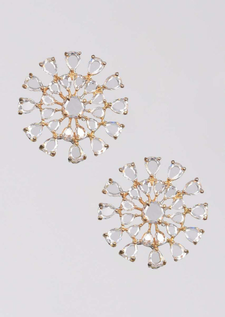 Grey And Gold Plated Studs With Crystals In A Floral Pattern Online - Kalki Fashion