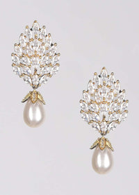 Grey And Gold Plated Studs With Crystals In Leaf Motif Along With Dangling Pearl Online - Kalki Fashion