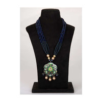 Grey and indigo blue shaded multi string necklace with semi precious stone pendant